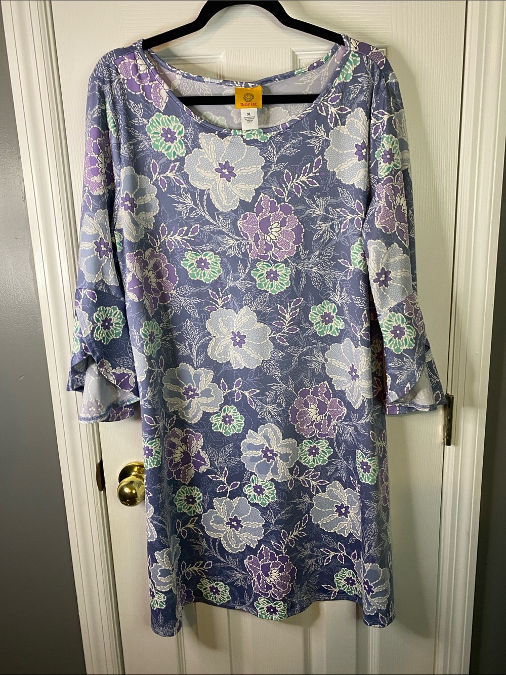 Ruby Rd. Lavender Floral Long-Sleeve A-Line Dress with Mint Accents Size XLARGE